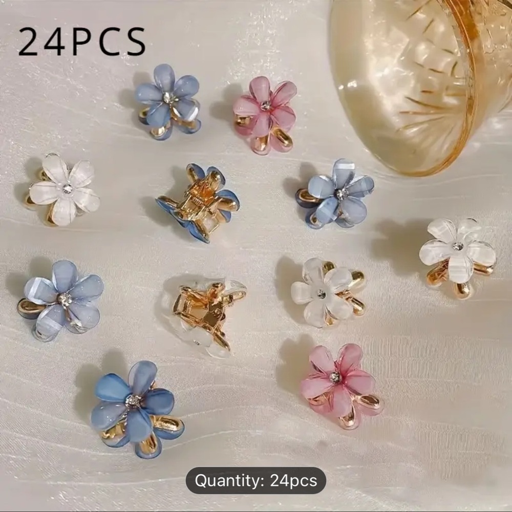 Floral Hair Clips Set - Blue, Pink, White - 24PCS